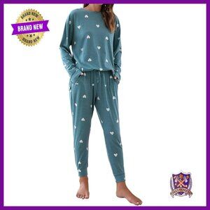 Soft Long Sleeve Pajama Set with Pockets, Heart Print, Drawstring Pants